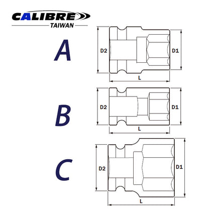 CAC80013 TAIWAN Extra short Impact Sockets 3/8", 6pt & 12pt, MM & SAE sizes