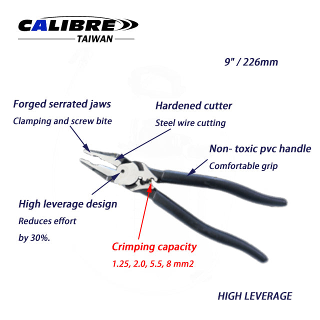 9" High Leverage Combination Pliers + Crimping