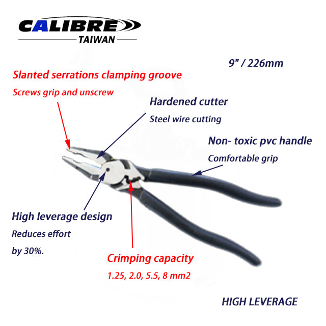 9" High Leverage Combination Screw Pliers + Crimping + Screwing